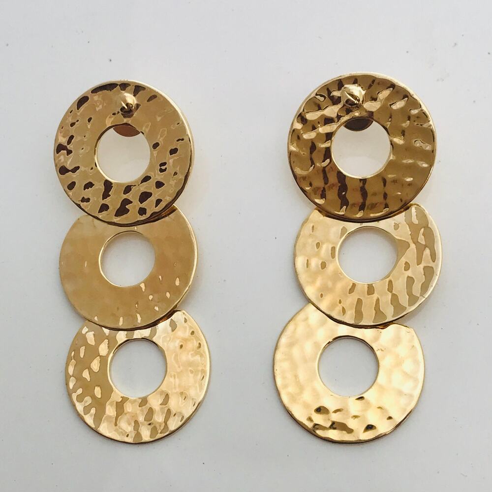 Henri Bendel Gold Tone Statement Earrings-Hammered Triple Circle Dangle Earrings